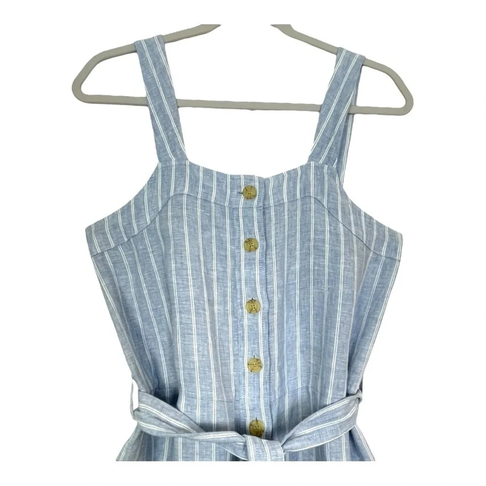 Everlane Linen Square Neck‎ Blue Pinstripe Button Down Tie Front Jumpsuit 2 NWOT